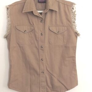 Biker Edge Moto Biker Tan Button Down Sleeveless  Fringe Top Sz L